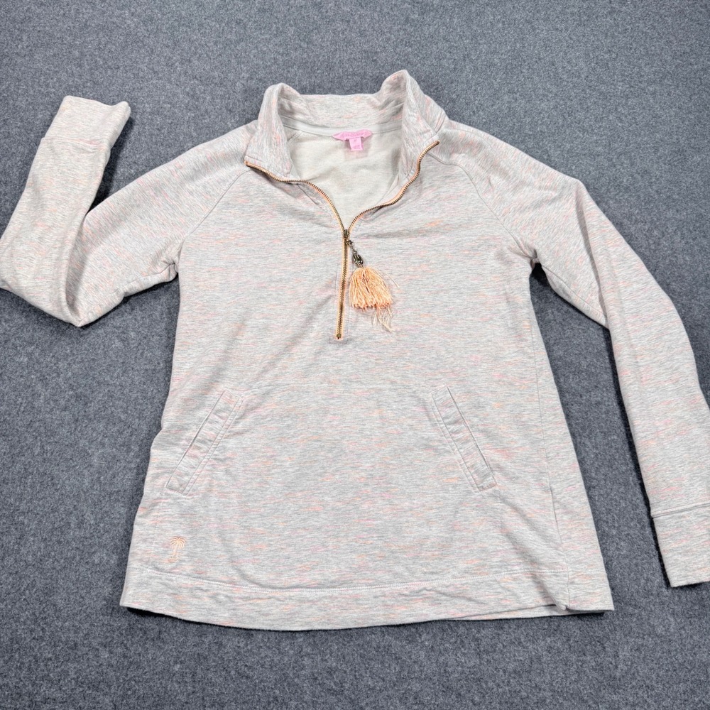 Lilly Pulitzer Sunny State of Mind Quarter Zip Sweatshirt Gray Pink Orange Med